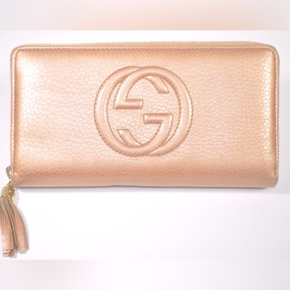 Gucci Handbags - Gucci Soho Pink Gold Leather Camelia Long Wallet Zip Around